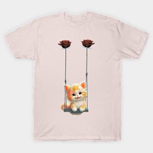 Adorable Kitty on Swing Roses T-Shirt